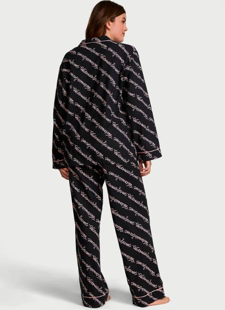 Піжама фланель Victoria's Secret Flannel Long Pajama Set (сорочка+штани) S Чорна Рожеве лого - зображення 3
