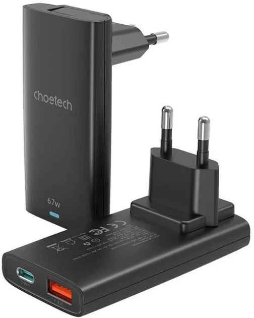 Мережевий зарядний пристрій CHOETECH 65W GaN USB-C + USB-A Ultra thin Чорний (PD6011-EU-BK) - зображення 4