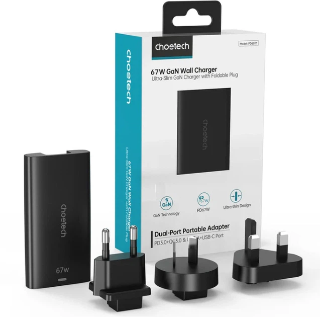 Мережевий зарядний пристрій CHOETECH 65W GaN USB-C + USB-A Ultra thin Чорний (PD6011-EU-BK) - зображення 5