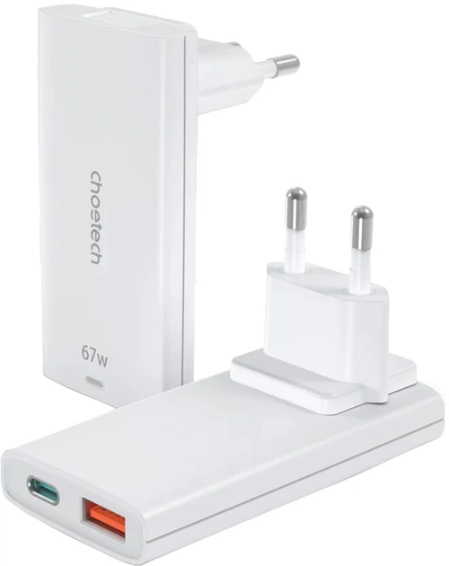 Мережевий зарядний пристрій CHOETECH 65W GaN USB-C + USB-A Ultra thin Білий (PD6011-EU-WH) - зображення 4