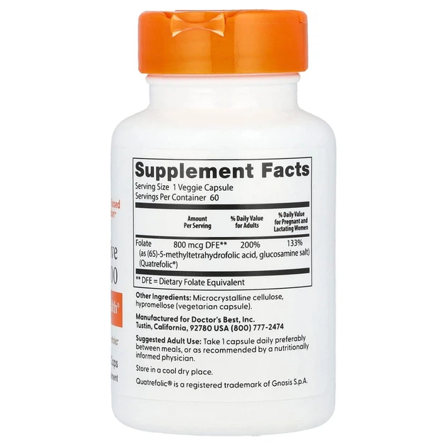 Фолат 800 мкг з кватрополіком Doctor's Best Fully Active Folate максимально ефективне засвоєння 60 капсул - зображення 2