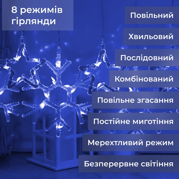 Гирлянда штора светодиодная 145 LED 8 режимов для дома 10 шт Синий PS-3365 - изображение 5