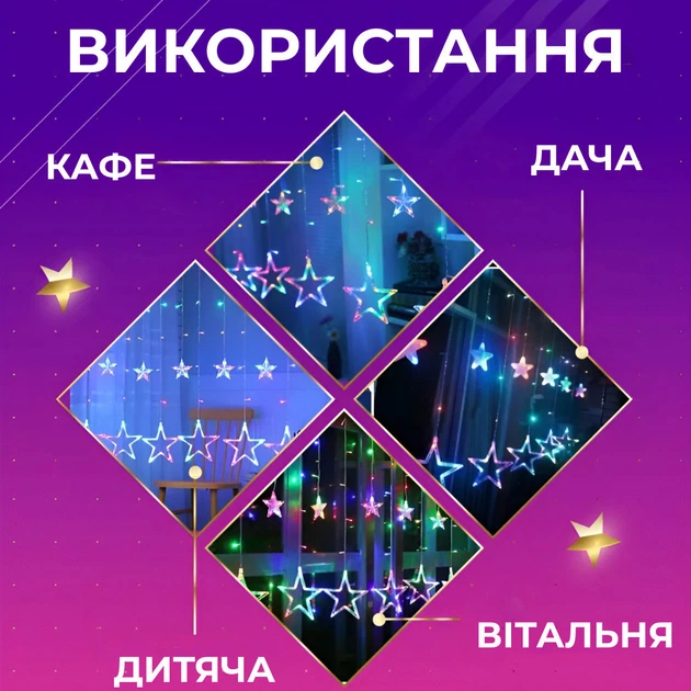 Гирлянда штора 3х0,7 м Звезды на 108 LED лампочек светодиодная 6 больших и 6 маленьких звезд 9 В 8 режимов 1733053ML - изображение 2