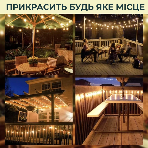 Ретро гирлянда уличная 10 LED лампочек 5 метров желтая A60Y - Фото 6 Ретро гирлянда уличная 10 LED лампочек 5 метров желтая A60Y - изображение 6