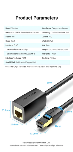 Подовжувач мережевого кабелю 40 Гбіт/с RJ45 Vention Ethernet-кабель-подовжувач Cat 8 10 м Black (IKHBL) - Фото 4 Подовжувач мережевого кабелю 40 Гбіт/с RJ45 Vention Ethernet-кабель-подовжувач Cat 8 10 м Black (IKHBL) - зображення 4