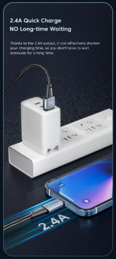 Кабель Toocki lightning USB 2.4A быстрая зарядка для iPhone 1м с LED подсветкой Черный - Фото 3 Кабель Toocki lightning USB 2.4A быстрая зарядка для iPhone 1м с LED подсветкой Черный - изображение 3