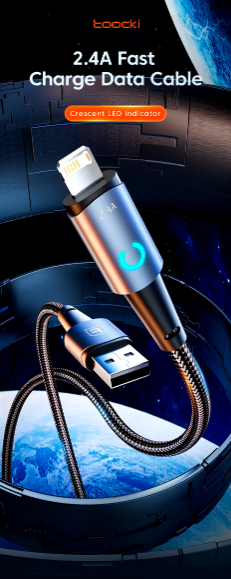 Кабель Toocki lightning USB 2.4A быстрая зарядка для iPhone 1м с LED подсветкой Черный - Фото 4 Кабель Toocki lightning USB 2.4A быстрая зарядка для iPhone 1м с LED подсветкой Черный - изображение 4