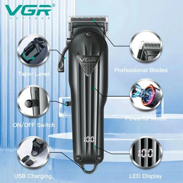 Машинка для стрижки волосся VGR V-282 6 насадок, LED Display black - зображення 6