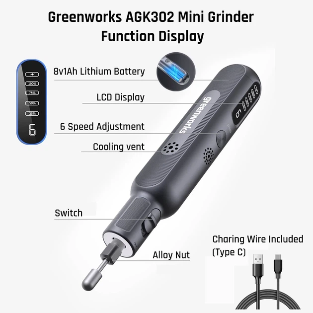 Міні шліфувальна машина AGK302 - Greenworks 8V -гравер з ємністю 80 Вт з набором 52 насадок - изображение 2