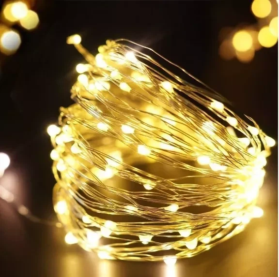 Новогодняя светодиодная гирлянда нить Роса 200 LED 20 метров Теплый белый на батарейках 3АА - изображение 4