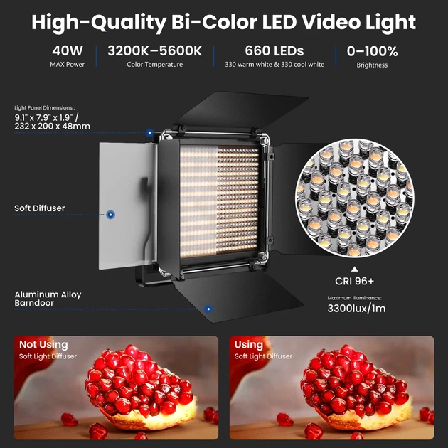 Двухцветный студийный свет со штативом Neewer NL660 Bi-Color 40Вт 3200-5600К комплект 2 шт - изображение 2