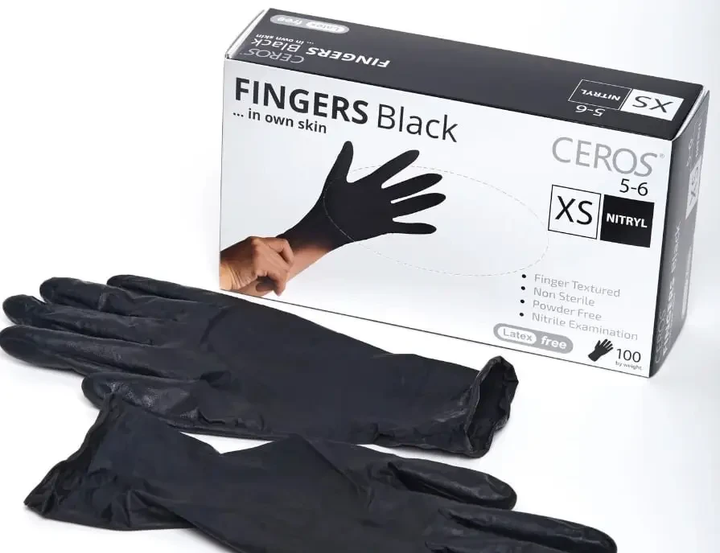 Перчатки нитриловые CEROS Fingers BLACK, XS, 100 шт. - изображение 1