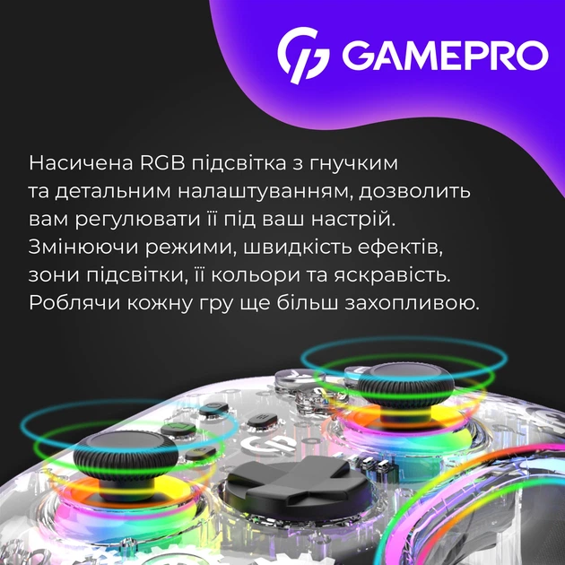 Беспроводной геймпад GamePro GPX13T 2.4G/BT 5.1/USB (Switch/PC/iOS/Android) RGB Transparent - Фото 15 Беспроводной геймпад GamePro GPX13T 2.4G/BT 5.1/USB (Switch/PC/iOS/Android) RGB Transparent - изображение 15