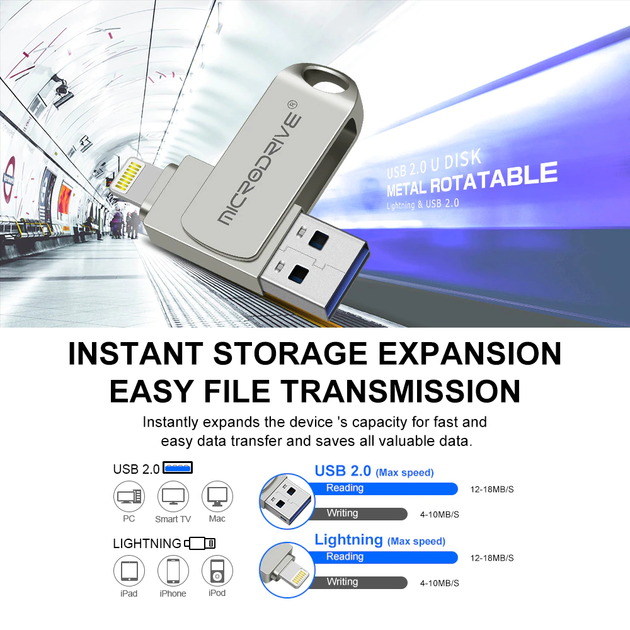 Флешка металлическая 2в1 256 ГБ USB-Lightning для Apple iPhone, iPad, iPod, для компьютера Microdrive OTG - изображение 12
