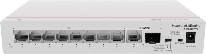 Switch Huawei eKit Engine S110-8P2ST 8 x 10/100/1000BASE-T, 1 x GE SFP, 1 x 10/100/1000BASE-T, PoE+ White (98012269) - obraz 2