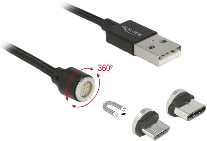 Кабель Delock Magnetic USB Передача даних і зарядка для Micro USB / USB Type-C Black 1.1 м (4043619857234) - зображення 1