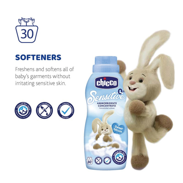 Ополіскувач-пом'якшувач тканин для дитячої білизни 0+ Chicco Sensitive Sweet Talcum 750мл 30 прань - зображення 5