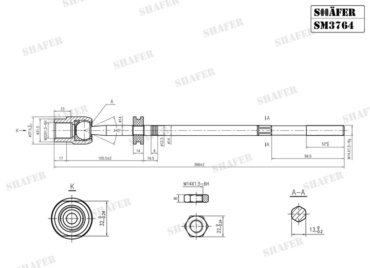 Рулевая тяга VW Golf 3, 91-97, без ГУР, длина 394 мм SM3764 Shafer - изображение 2