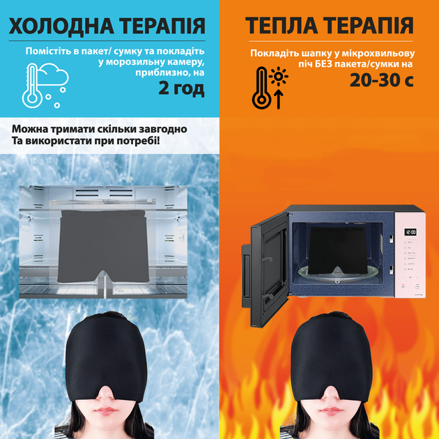Маска шапочка для облегчения головной боли от мигрени стресса опухших глаз шапка с холодным компрессом черная - изображение 3