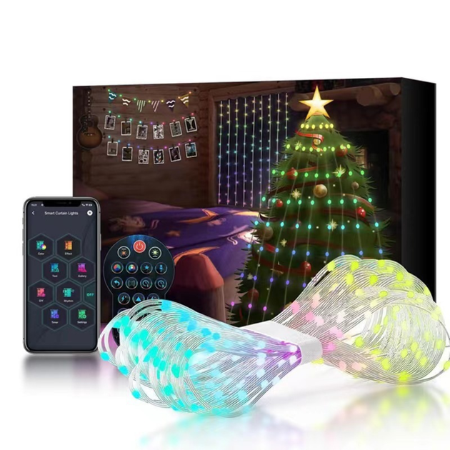 Умная USB смарт гирлянда Конский хвост управление через телефон пульт Bluetooth RGB 200LED 10 нитей по 2м - изображение 6