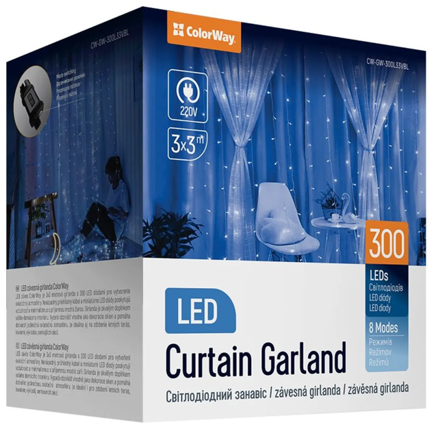 Girlanda LED ColorWay Curtain Garland 300 LED 3 x 3 m Blue (CW-GW-300L33VBL) - obraz 1