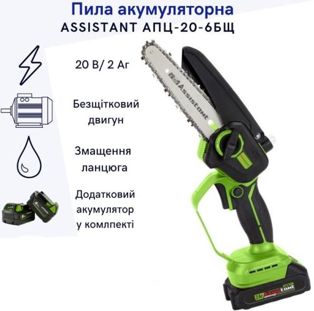Акумуляторна ланцюгова пилка Assistant АПЦ-20-6БЩ (безщітковий мотор бак під масло шина 150мм. два ланцюги два-аку-2Ач. зарядне) - зображення 2