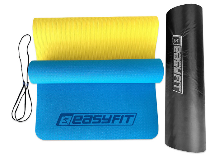 Коврик для йоги и фитнеса EasyFit TPE+TC 6 мм двухслойный + Чехол синий-желтый - изображение 2
