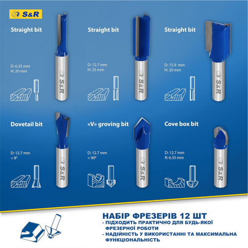 Набор фрез по дереву S&R Meister 12 шт. (216900012) - Фото 7 Набор фрез по дереву S&R Meister 12 шт. (216900012) - изображение 7