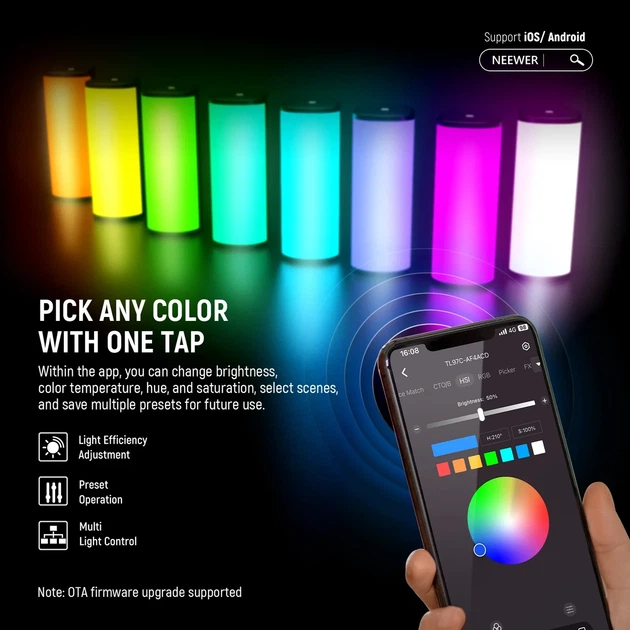 Магнитная портативная ручная лампа для съемки NEEWER TL97C RGB 4,5Вт 11см 2500-8500К с APP управлением - Фото 5 Магнитная портативная ручная лампа для съемки NEEWER TL97C RGB 4,5Вт 11см 2500-8500К с APP управлением - изображение 5