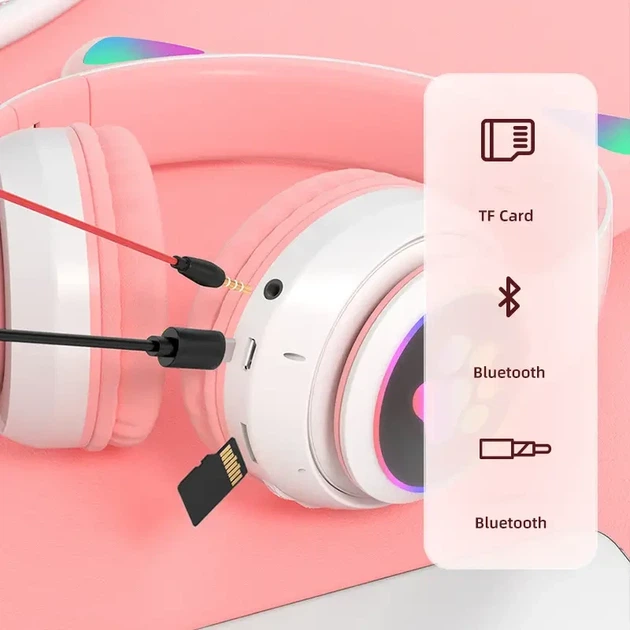 Детские беспроводные наушники с кошачьими ушками Cat ear M23 Bluetooth наушники с RGB подсветкой Pink Розовые - изображение 2