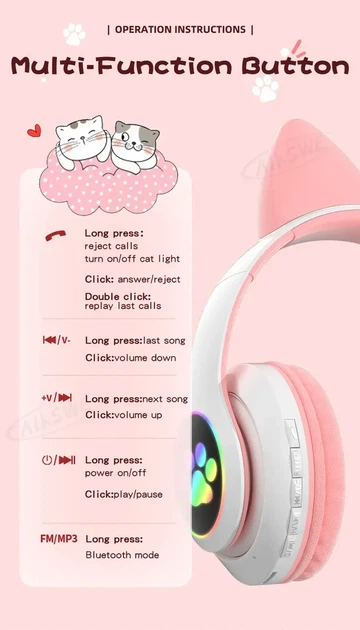 Детские беспроводные наушники с кошачьими ушками Cat ear M23 Bluetooth наушники с RGB подсветкой Pink Розовые - изображение 5