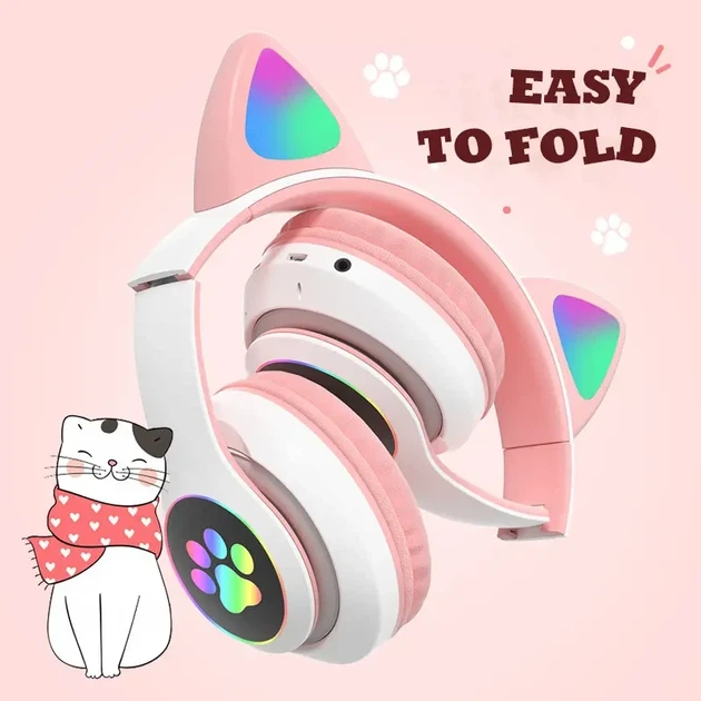 Детские беспроводные наушники с кошачьими ушками Cat ear M23 Bluetooth наушники с RGB подсветкой Pink Розовые - изображение 6