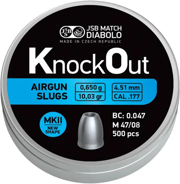 Пули пневматические JSB Diabolo Knock Out Slugs MKII кал. 4,5 мм 0,650 г 500 шт/уп - изображение 1