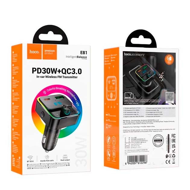 FM-модулятор Hoco E81 Fantasy PD30W+QC3.0 car BT FM transmitter Black - изображение 2