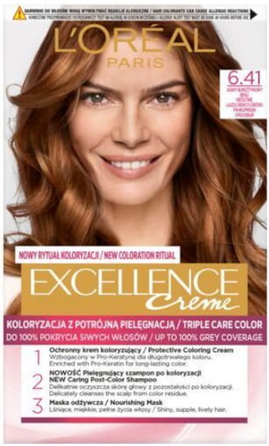 Farba do wlosow L'Oreal Paris Excellence Creme 6.41 Jasny Bursztynowy Brąz 176 ml (3600521651513) - obraz 1