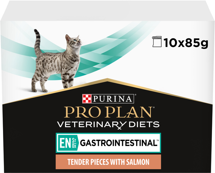 Opakowanie mokrej karmy dietetycznej dla kociąt i dorosłych kotów Pro Plan Veterinary Diets EN Gastrointestinal z łososiem 10x85 g (7613035983359) - obraz 2