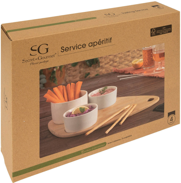 Miseczki na przekąski Secret de Gourmet na bambusowej desce w kształcie łezki 3 szt Białe (3560232807336) - obraz 6