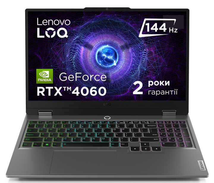 Ноутбук Lenovo LOQ 15IRX9 (83DV00KERA) Luna Grey / 15.6" IPS Full HD 144 Гц / Intel Core i7-13650HX / nVidia GeForce RTX 4060, 8 ГБ / RAM 16 ГБ / SSD 1 ТБ / 4-Zone RGB - зображення 2