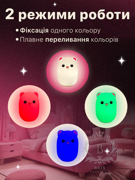 Силіконовий нічник Котик Marcus RGB 6 кольорів із вбудованим акумулятором Білий з рожевим - зображення 2
