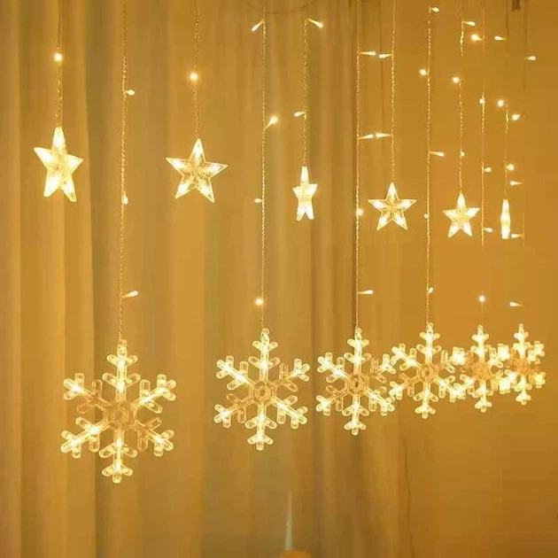 Світлодіодна гірлянда-штора Crown П'ятикутна зірка + Сніжинка 120 LED 3 м 220В Теплий Білий (WLS-QX-CL2104W) - Фото 3 Світлодіодна гірлянда-штора Crown П'ятикутна зірка + Сніжинка 120 LED 3 м 220В Теплий Білий (WLS-QX-CL2104W) - зображення 3