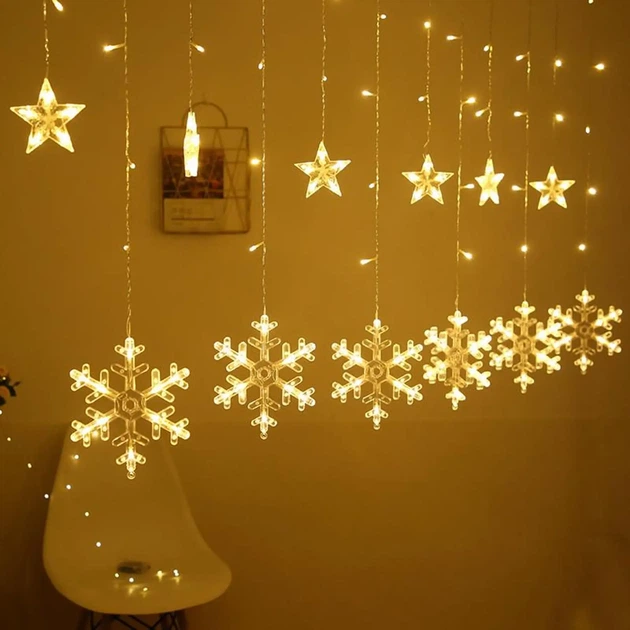 Світлодіодна гірлянда-штора Crown П'ятикутна зірка + Сніжинка 120 LED 3 м 220В Теплий Білий (WLS-QX-CL2104W) - Фото 4 Світлодіодна гірлянда-штора Crown П'ятикутна зірка + Сніжинка 120 LED 3 м 220В Теплий Білий (WLS-QX-CL2104W) - зображення 4