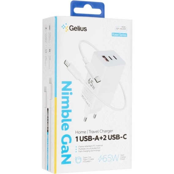 Сетевое Зарядное Устройство Gelius Nimble GaN 65W GP-HC051 (Белый) - Фото 7 Сетевое Зарядное Устройство Gelius Nimble GaN 65W GP-HC051 (Белый) - изображение 7