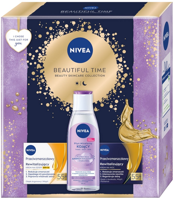 Zestaw do pielęgnacji twarzy Nivea Beautiful Time Płyn micelarny 200 ml + Krem na dzień SPF 15 55+ 50 ml + Krem na noc 55+ 50 ml (9005800382913) - obraz 1