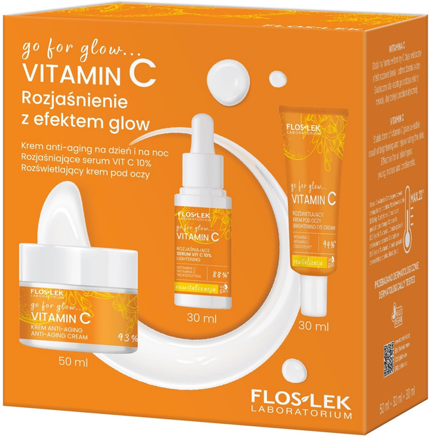 Zestaw do pielęgnacji twarzy Floslek Go For Glow Vitamin C Krem przeciwstarzeniowy 50 ml + Serum rozjaśniające Vit C 10% 30 ml + Krem pod oczy rozświetlający 30 ml (5905043025056) - obraz 1