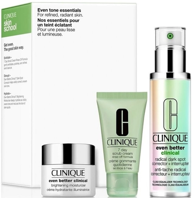 Набір для догляду за обличчям Clinique Even Tone Essentials 7 Day Скраб-крем 30 мл + Even Better Clinical Коректор-сироватка від пігментних плям 50 мл + Крем зволожуючий 15 мл (192333209707) - зображення 1