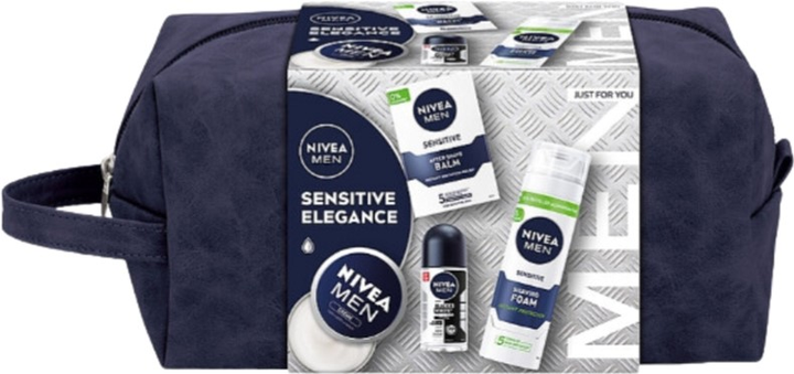 Набір для догляду за тілом Nivea Men Sensitive Elegance Антиперспірант кульковий 50 мл + Крем універсальний 75 мл + Пінка для гоління 200 мл + Бальзам після гоління 100 мл + Косметичка (9005800383217) - зображення 1