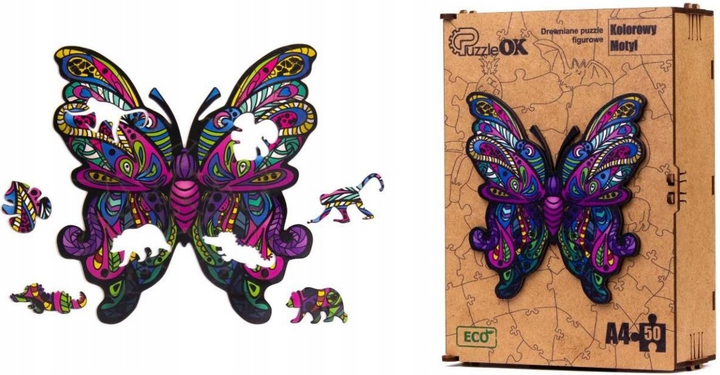 Puzzle drewniane PuzzleOK Kolorowy motyl 21 x 29.7 cm 50 elementów (4821993017235) - obraz 2