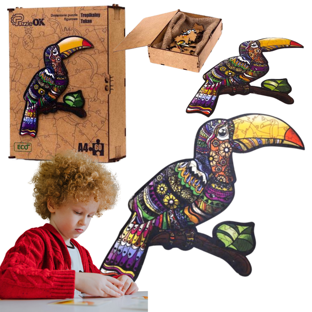 Пазл дерев'яний PuzzleOK Тропічний тукан 21 x 29.7 см 60 деталей (4821993017198) - зображення 5