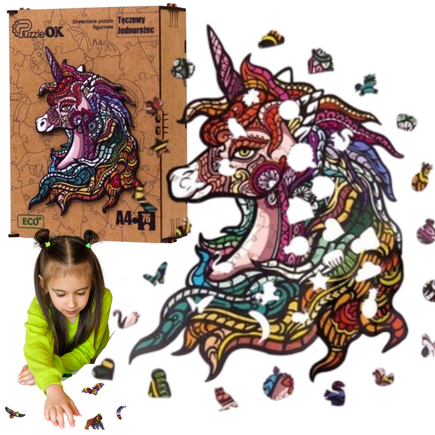 Puzzle drewniane PuzzleOK Tęczowy jednorożec 21 x 29.7 cm 76 elementów (4821993007014) - obraz 4