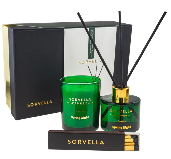 Подарунковий набір Sorvella Perfume Spring Night Ароматичний дифузор 120 мл + Ароматична свічка 170 г + Сірники (5905489910725) - зображення 1